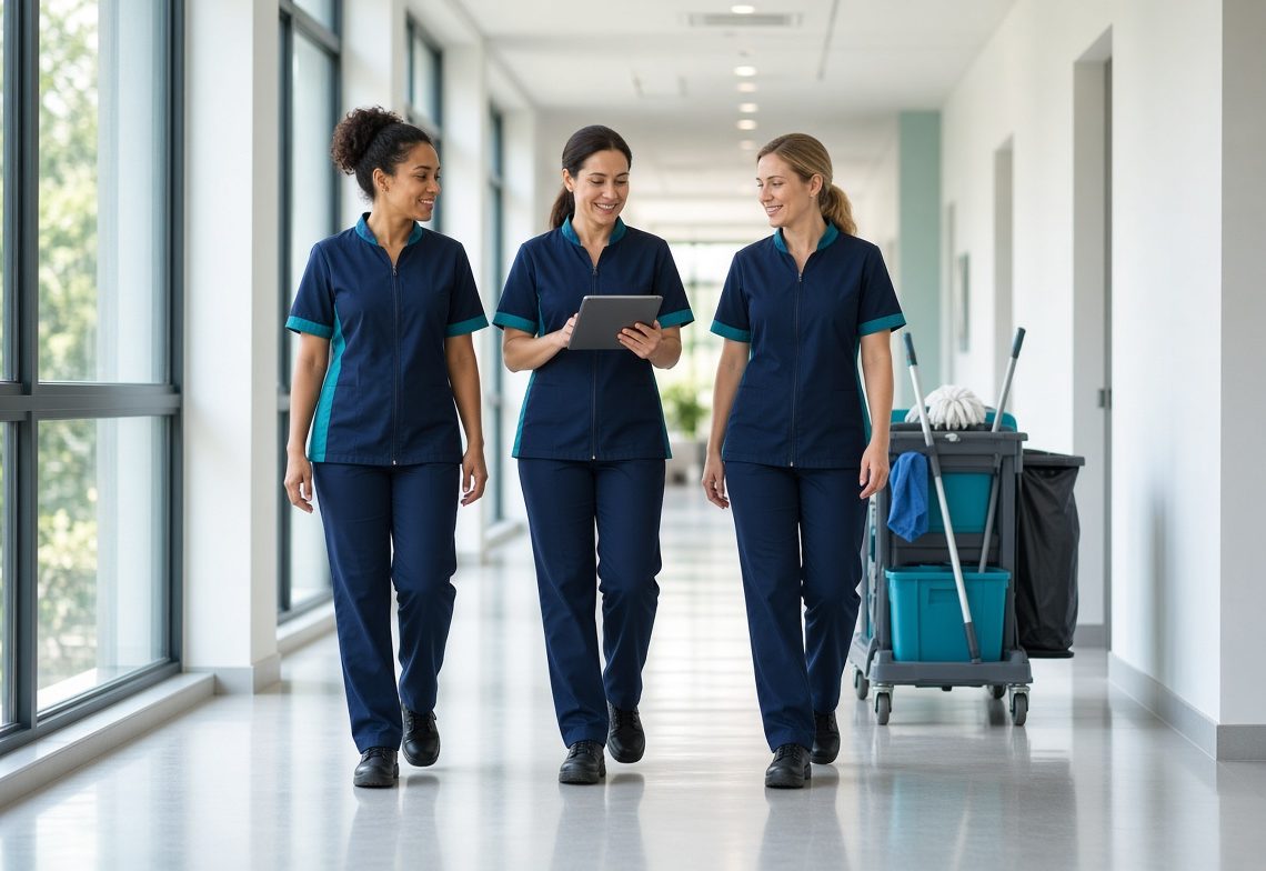 Three Nygon cleaners and a supervisor walking through a bright corridor