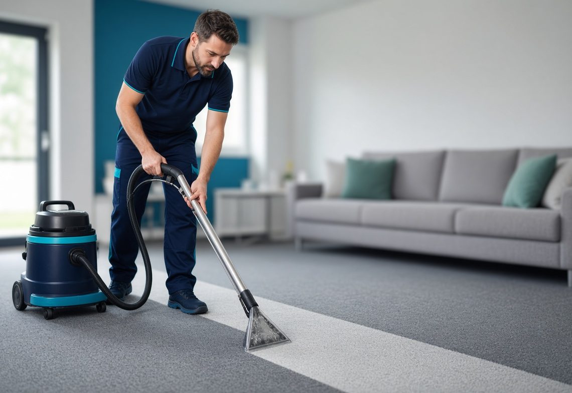 A cleaner using a carpet extraction machine on grey carpet