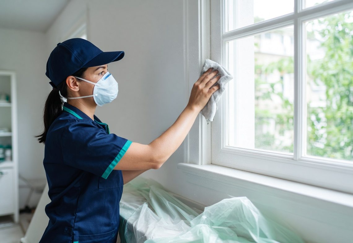 A cleaner in a dust mask wiping a window frame after building work