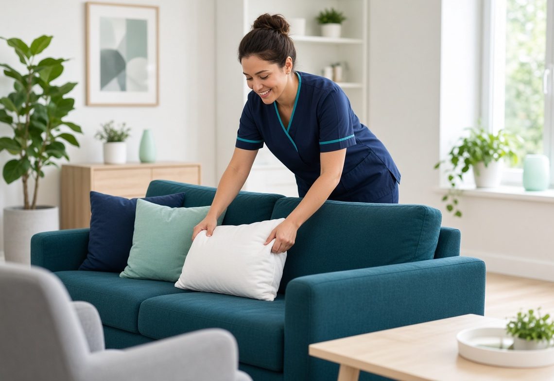 A cleaner plumping cushions on a sofa in a bright living room