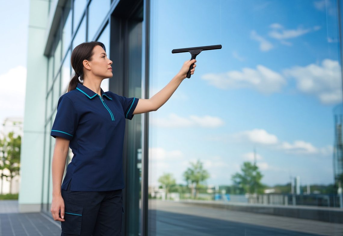 A cleaner holding a squeegee against a large glass facade
